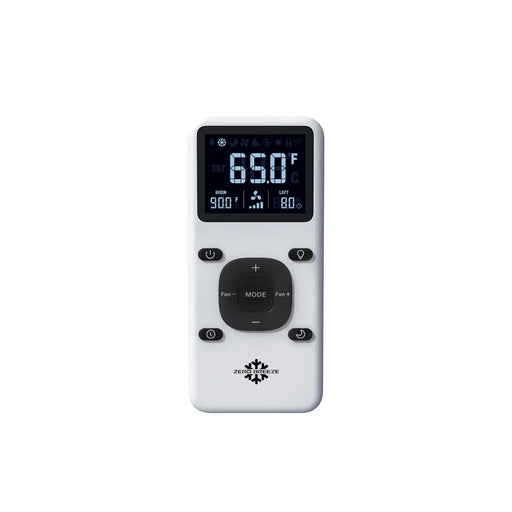 ZERO BREEZE Mark 3 wireless remote control featuring mode, fan speed, power, and lighting buttons for portable air conditioner operation.