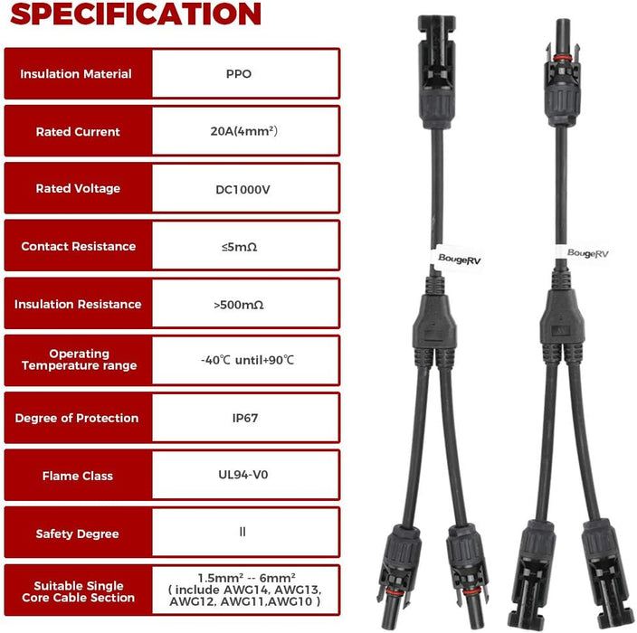 BougeRV Solar Extension Cable and 1 Pair of Solar Y Branch Parallel Connectors